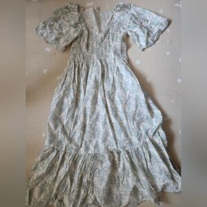 Kate Quinn Leaf Print Smocked Flutter Dress Xs Cotton